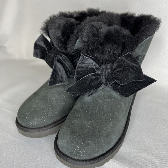 Women's Ugg Boots Sz 7 Black Gita Twinkle Bow Mini Bootie Satin Bow Glitter-like - Picture 11 of 16